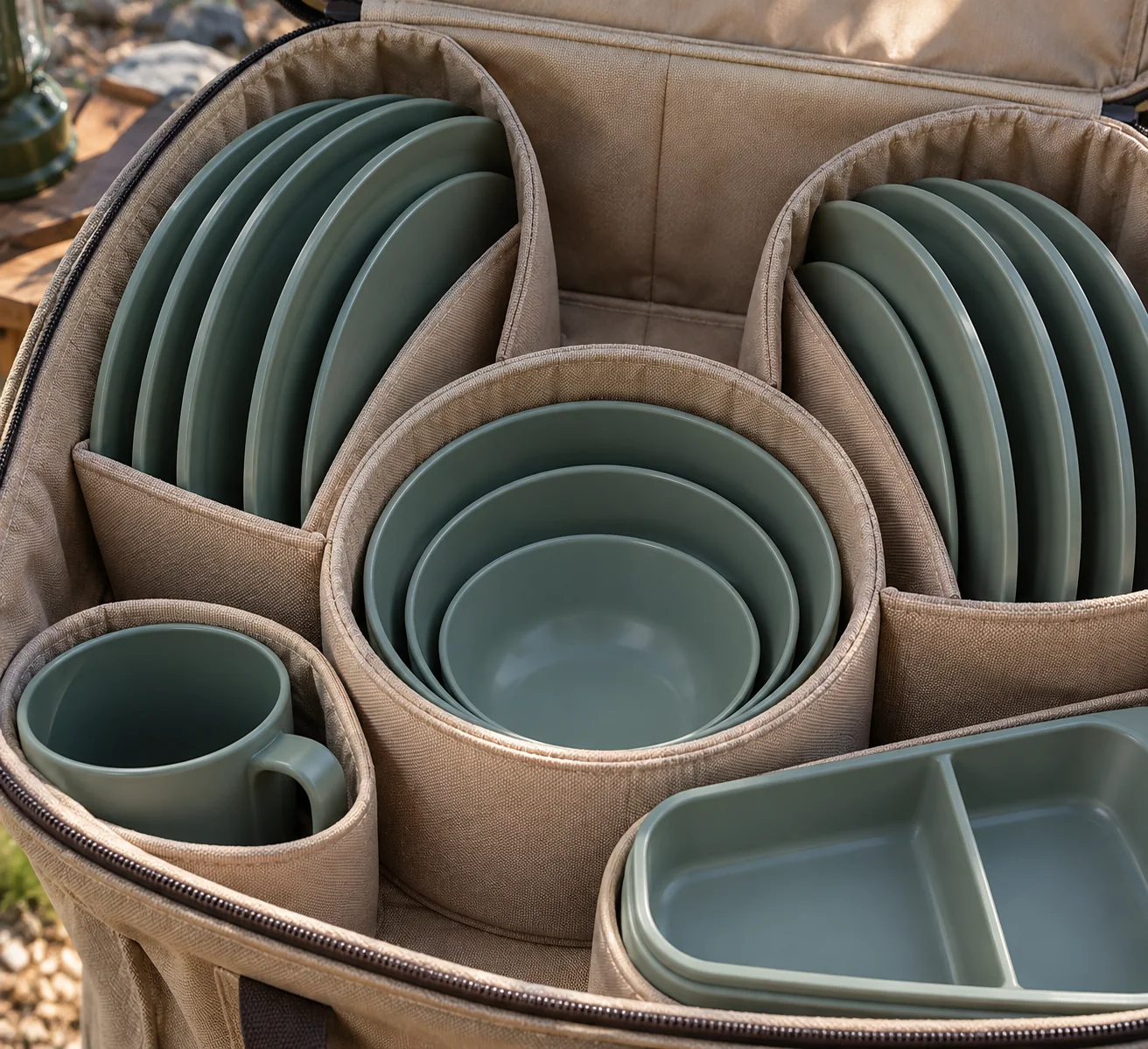 Fan slot and center-well detail Close view of padded radial plate slots central nested bowl well curved cup pockets and shallow lunch box tray
