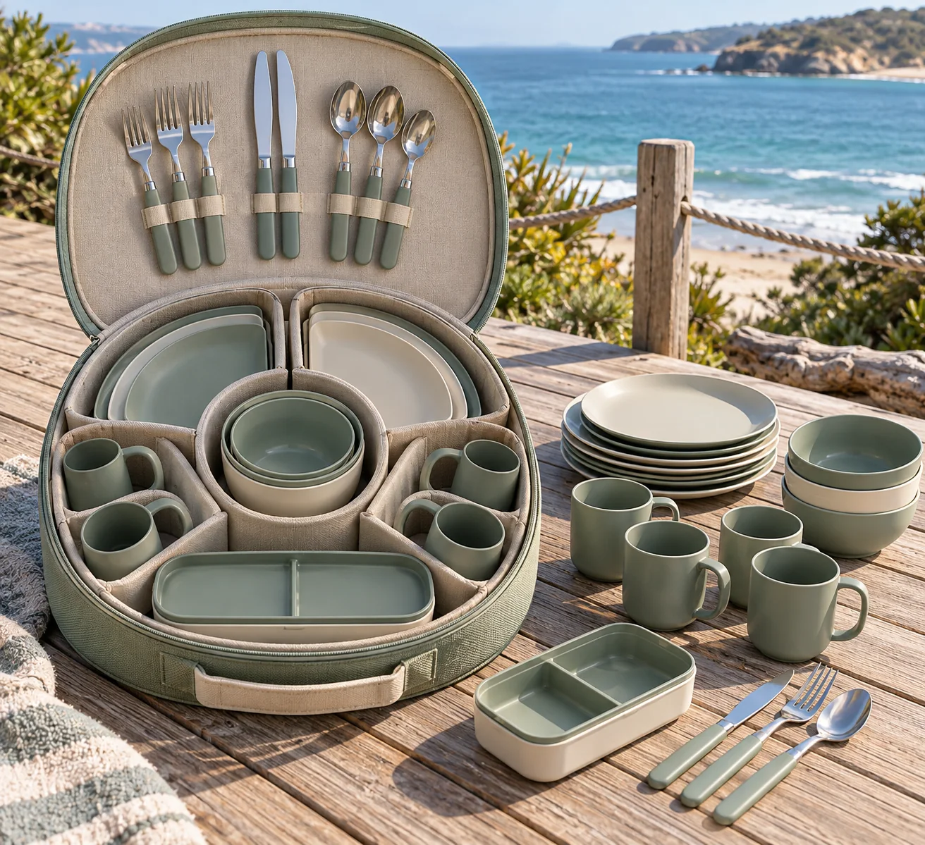 Radial-fan camping dinnerware set with open round-corner case fan plate slots bowls cups lunch box and cutlery on a coastal boardwalk