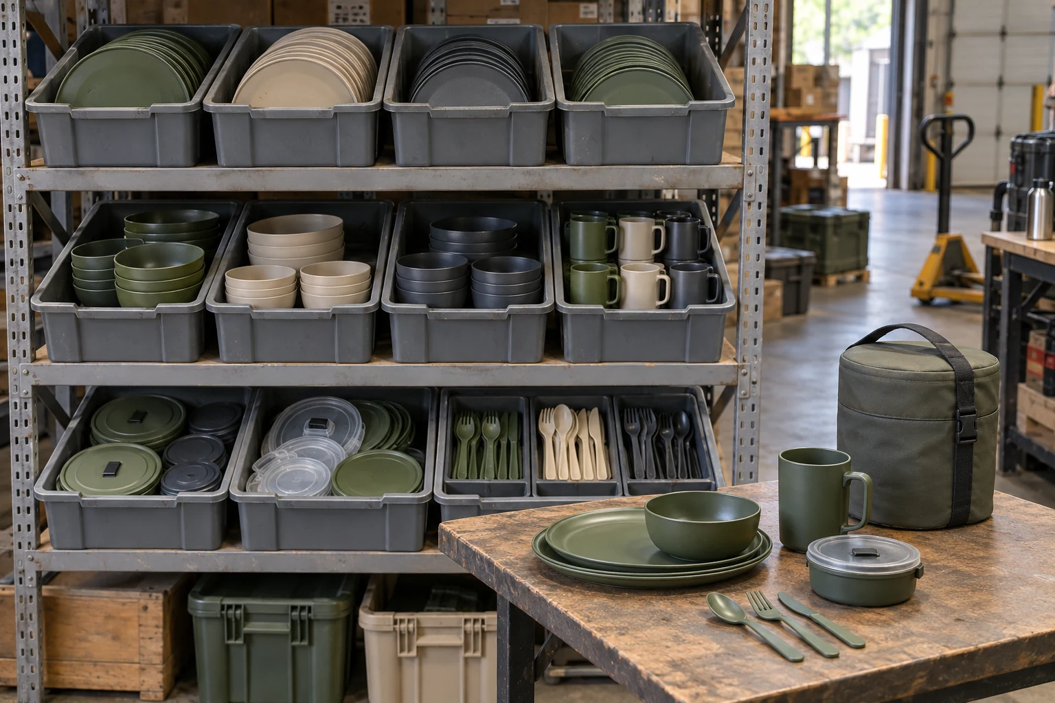Warehouse bins separating spare camping plates bowls cups lids and cutlery cassettes by component design