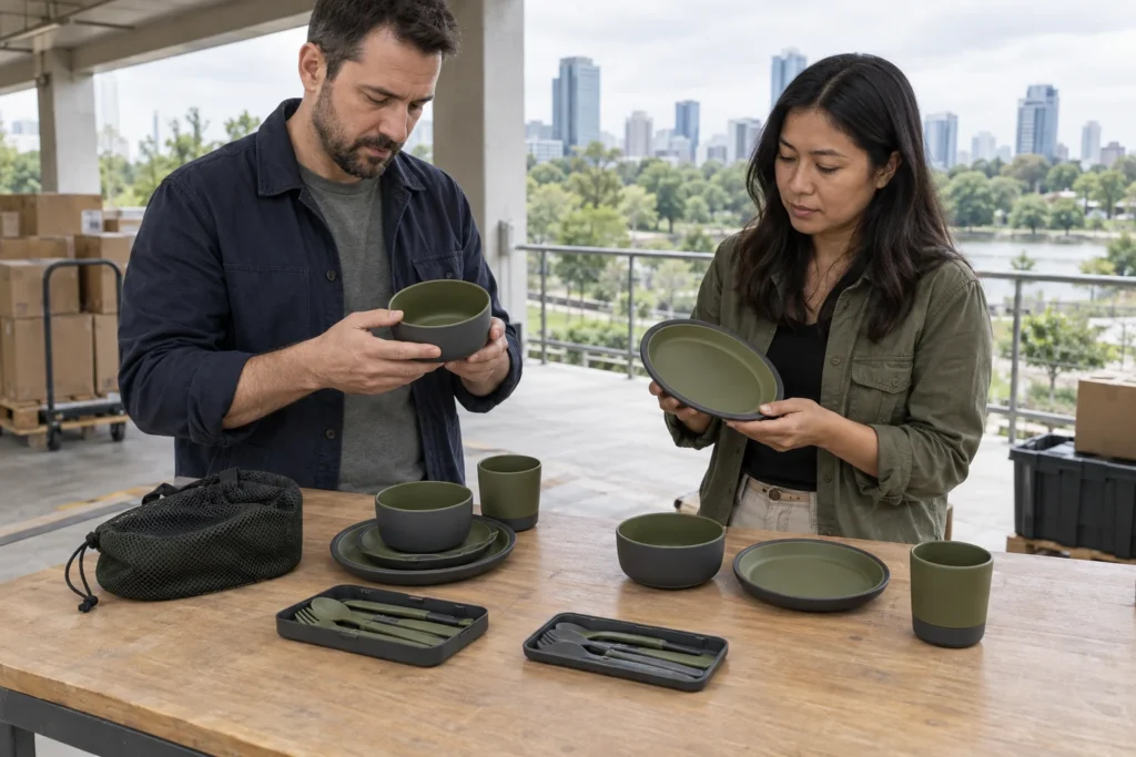 Camping dinnerware replacement SKU review with buyers comparing spare plates bowls cups and cutlery modules