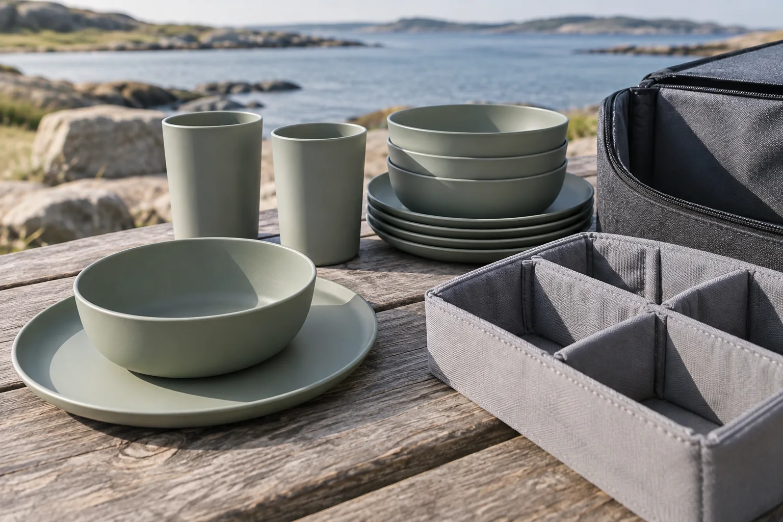 Camping Set Replacement Component Review Camping plates bowls cups and removable case divider arranged for a replacement-parts review
