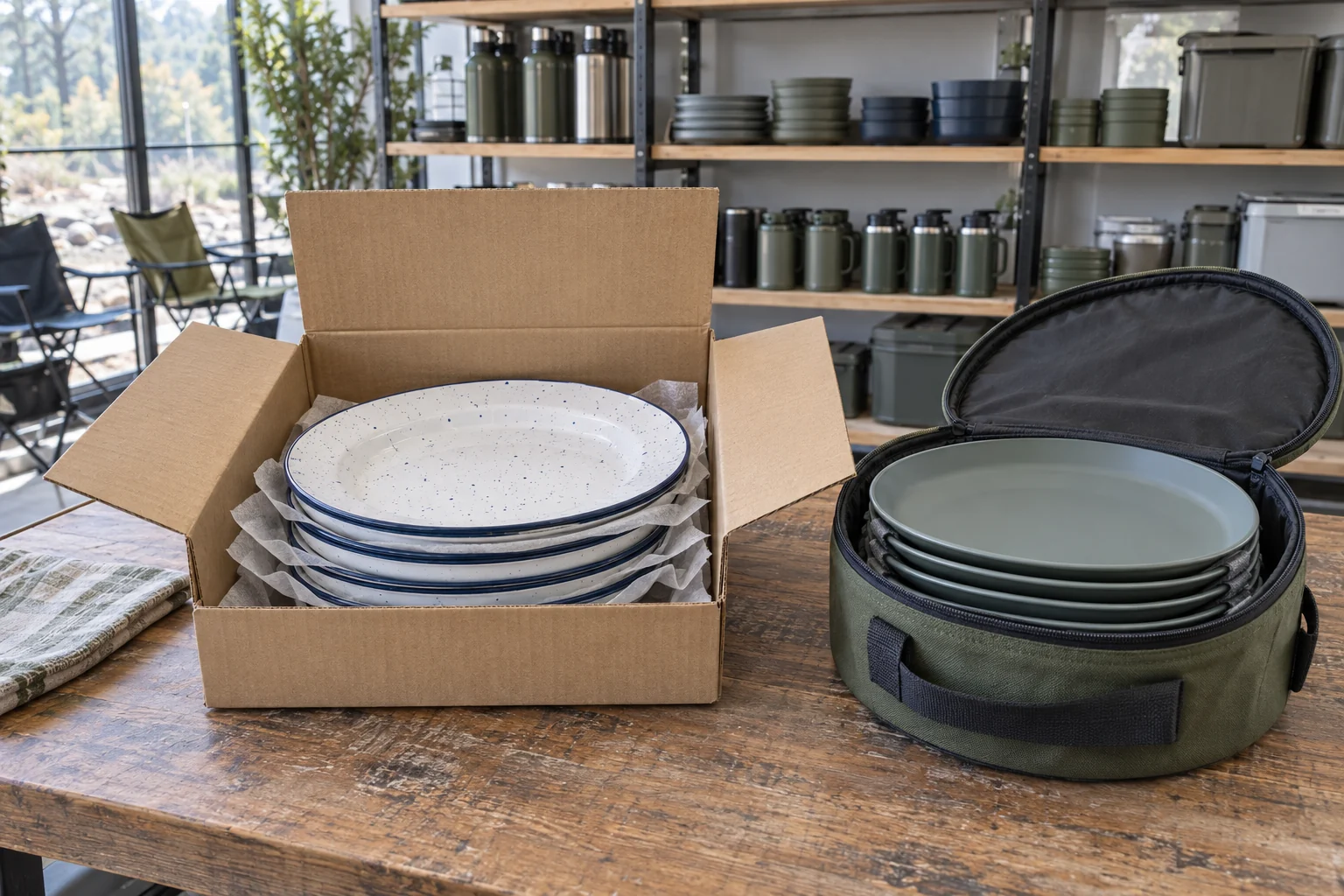 Retail Camping Plate Packout Comparison Enamel and PP camping plate sets shown in different retail packout systems