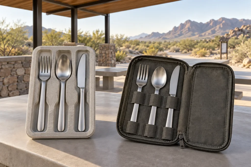 Molded utensil tray and elastic-loop organizer compared on an outdoor sample review table
