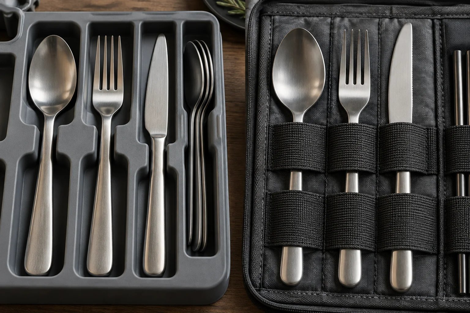 Tray cavity and elastic loop contact detail Close comparison of molded utensil cavities and sewn elastic retention loops