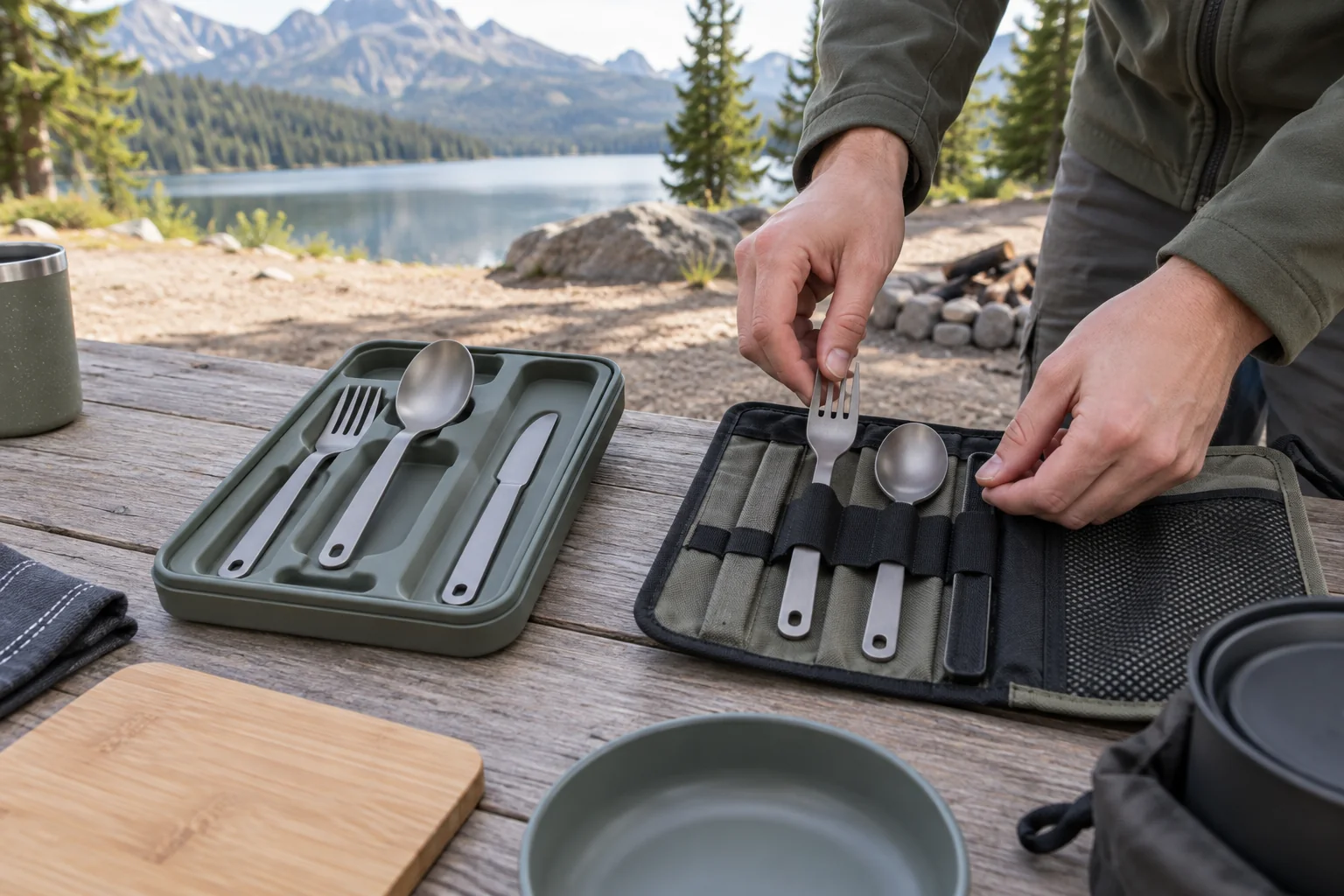 Portable set retention handling trial Buyer hands remove utensils from a molded tray and an elastic-loop organizer
