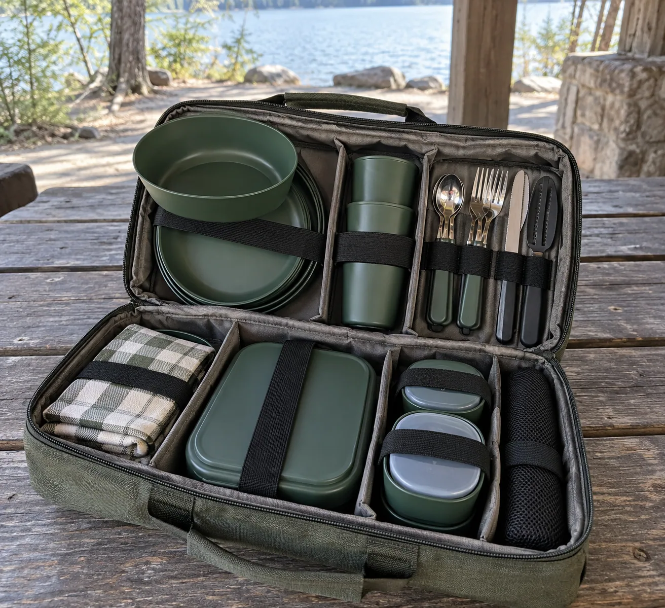 Camping Dinnerware Retention Layout Camping dinnerware case with elastic retention and divided component zones