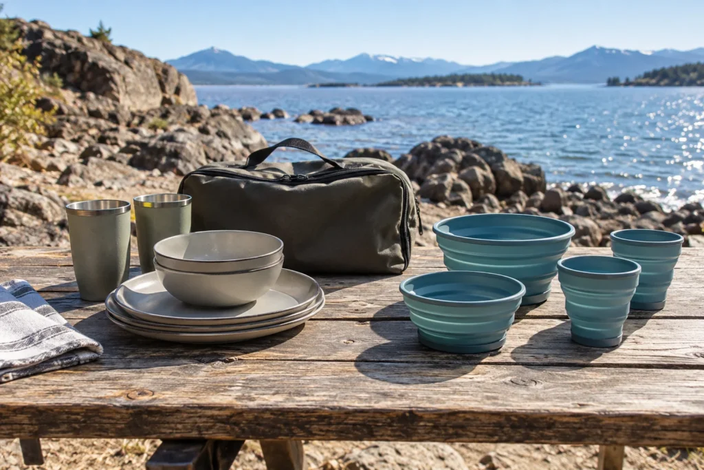 Rigid plates and collapsible bowls compared at a rocky lakeshore picnic table