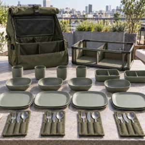 Roll-top frame camping dinnerware set displayed on an urban outdoor terrace