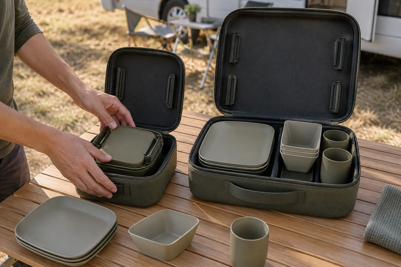 Buyer fitting one removable camping dinnerware module into compact and larger carry cases at an open RV campsite
