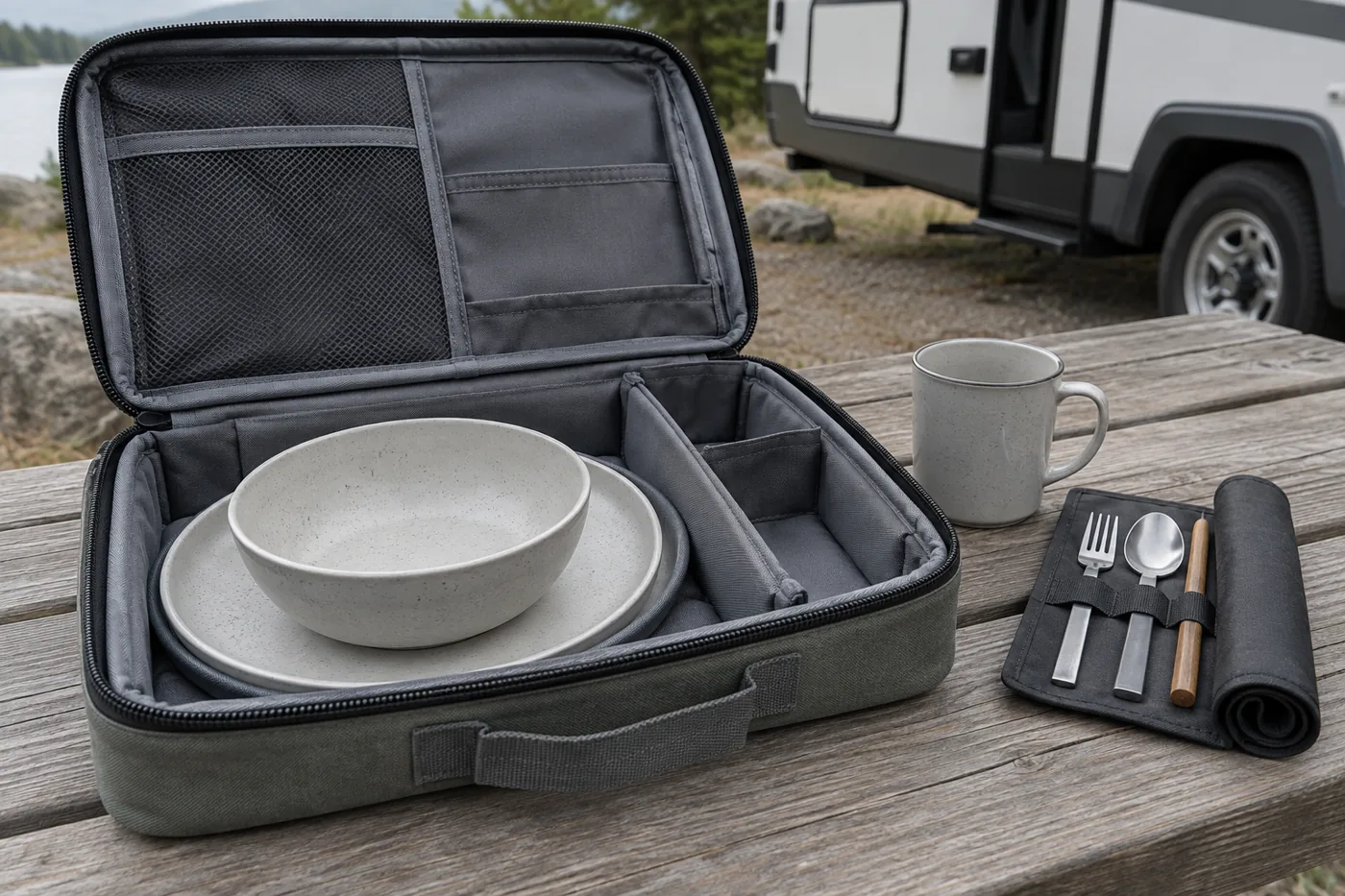 Concept open case with nested bowl and plate, separate cup and utensil roll on an RV picnic bench