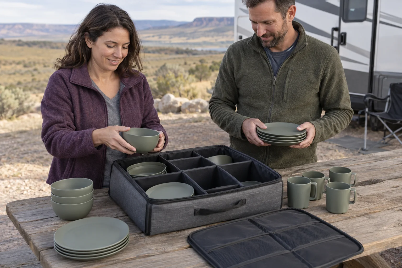 Two adults counting dry camping dinnerware back into a compartmented carry case at an open RV campsite