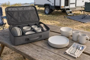Concept camping dinnerware pack-out instruction review at an RV picnic table with open carry case and separated components