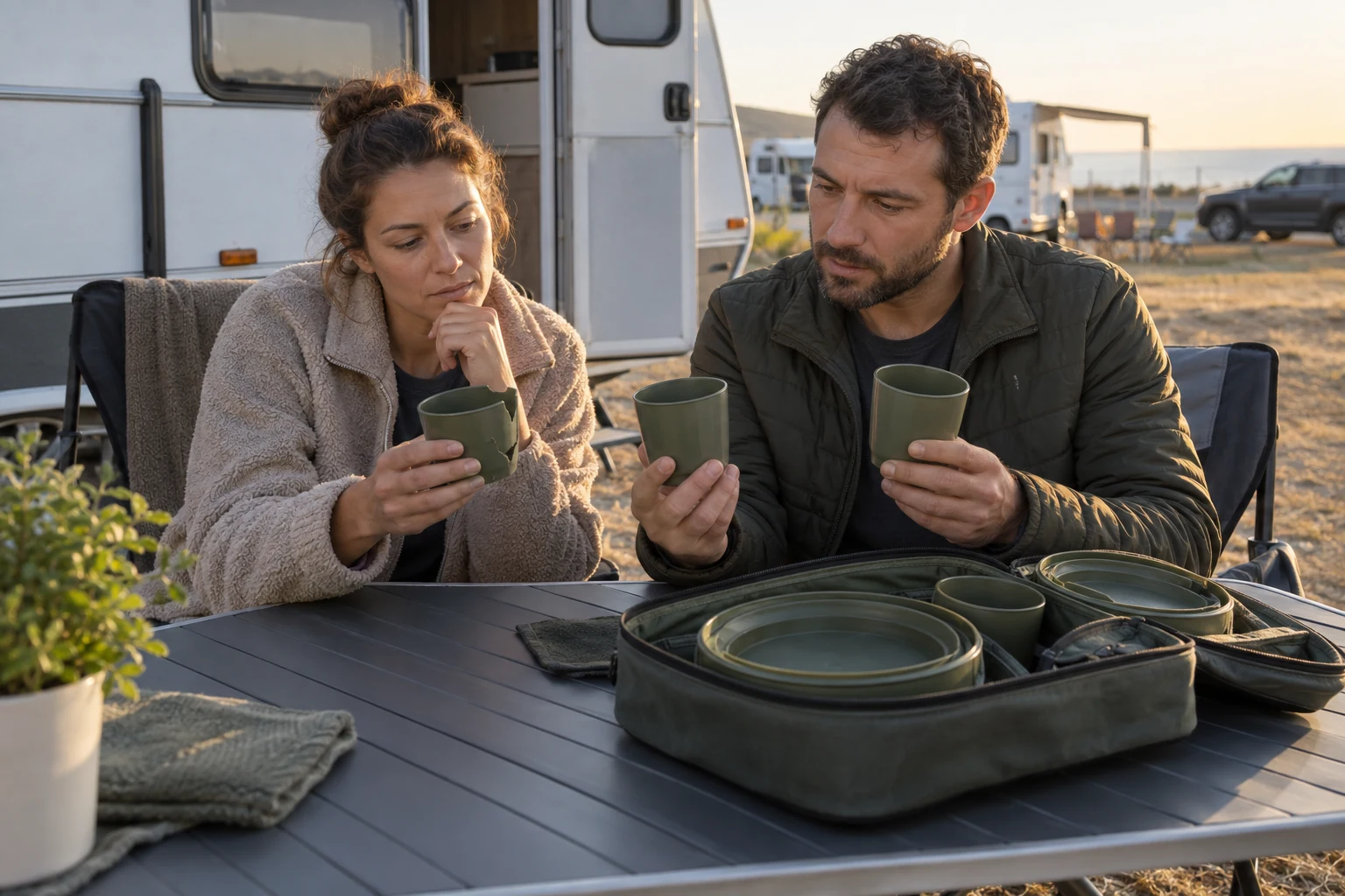 Two adults comparing a damaged camping cup with replacement candidates beside a packed dinnerware set at an RV site