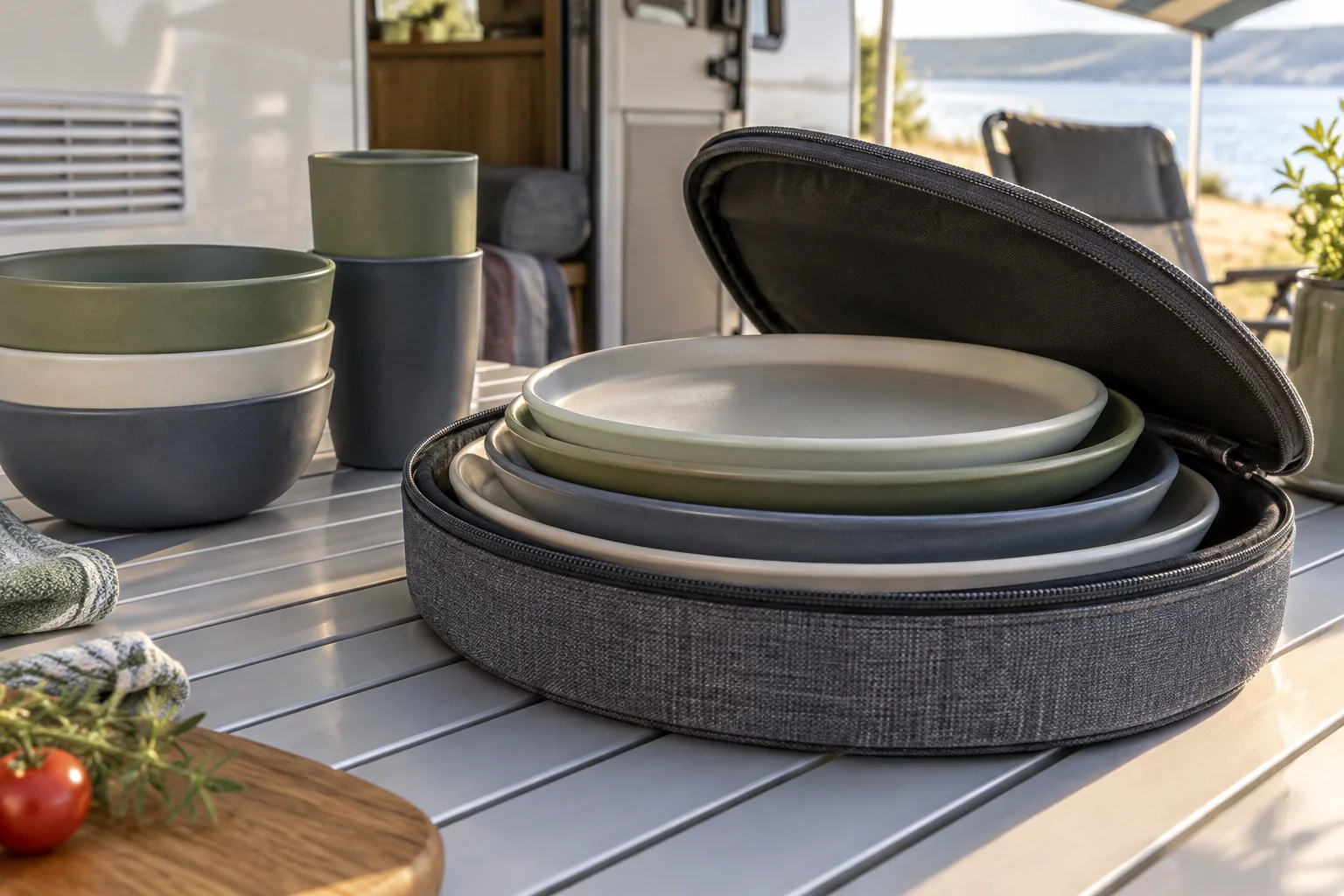 Stack of camping plates with different rim heights being reviewed inside an RV carry case