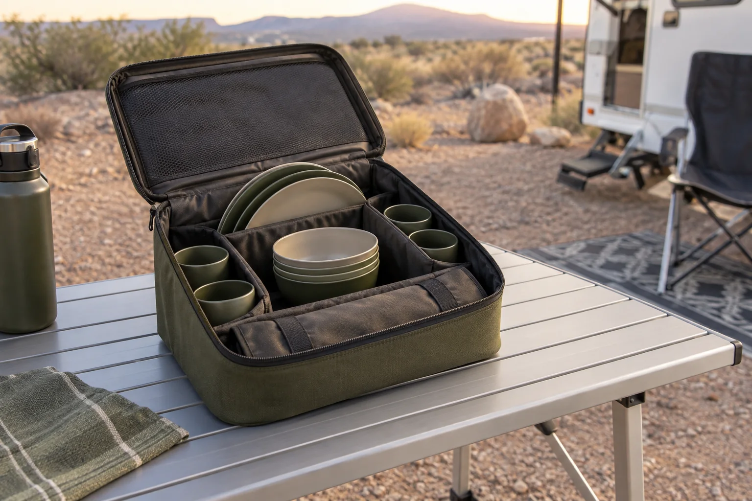 Table-side access through a U-shaped opening Top-opening camping dinnerware carry case on an RV campsite table showing a clear table-side access path