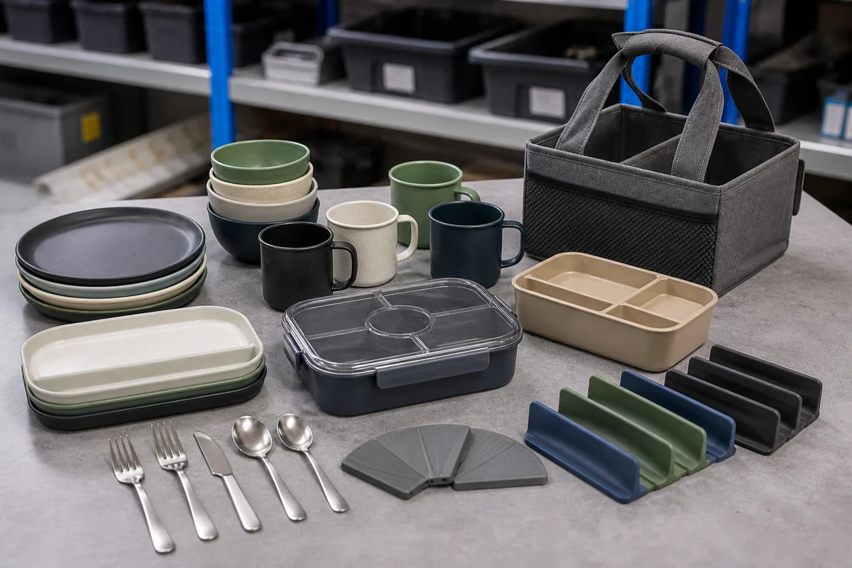 RV Tableware Assortment Review RV camping tableware assortment reviewed on a buyer sample table