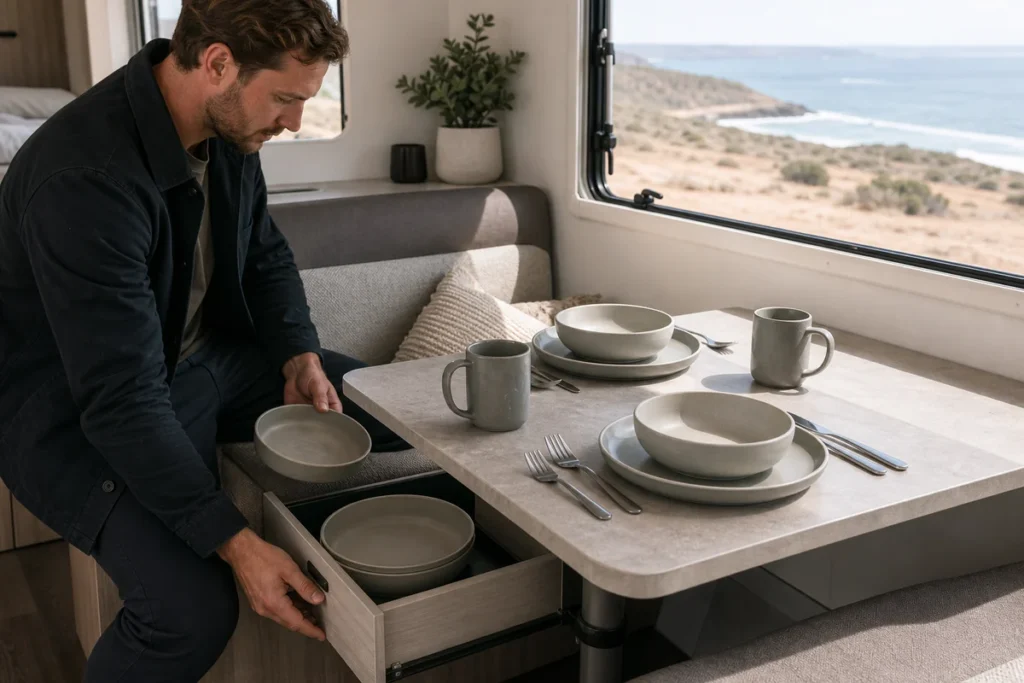 RV camping tableware reviewed inside a modern caravan dining nook