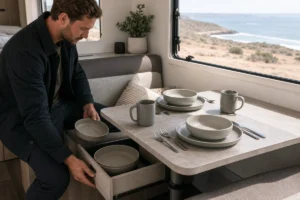 RV camping tableware reviewed inside a modern caravan dining nook