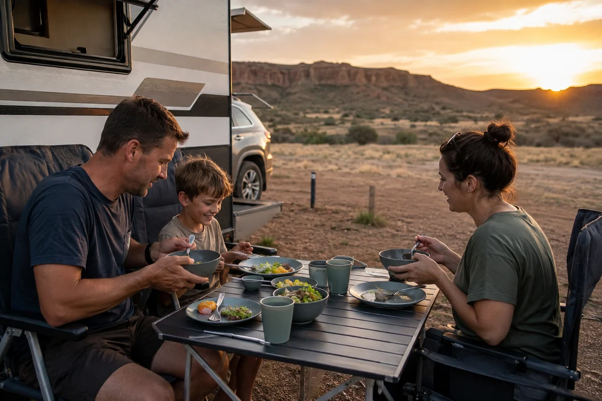 RV Camping Tableware Family Scenario Family using RV camping tableware at a dryland caravan campsite
