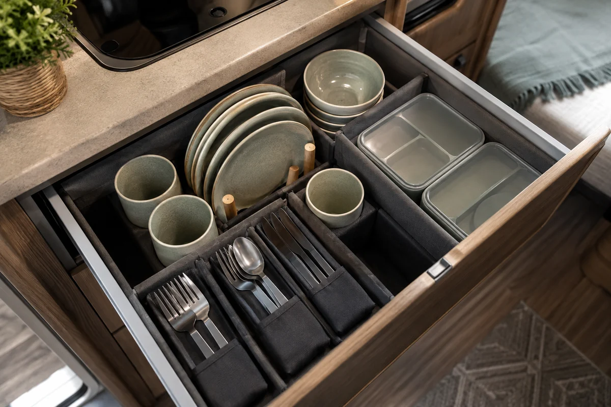 RV Tableware Storage and Transit Review RV camping tableware secured in a divided caravan storage drawer
