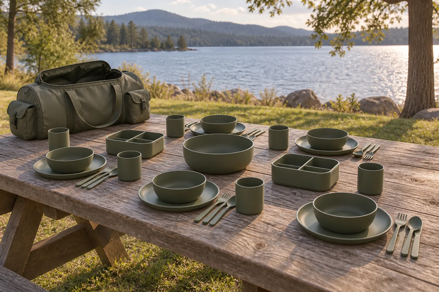 Saddle-Pocket Group Set Outdoor Application Saddle-Pocket group camping dinnerware set arranged for six users beside a lake