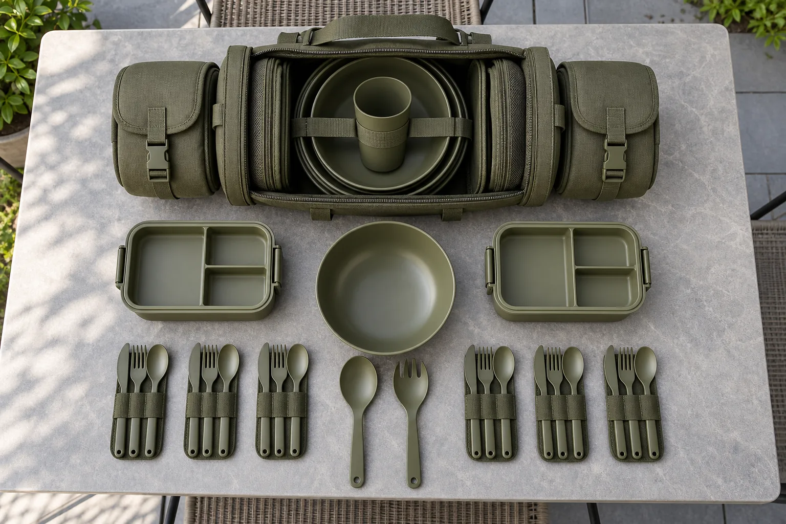 Saddle-Pocket Set Reference Configuration Saddle-Pocket camping dinnerware components and cylindrical carry bag configuration