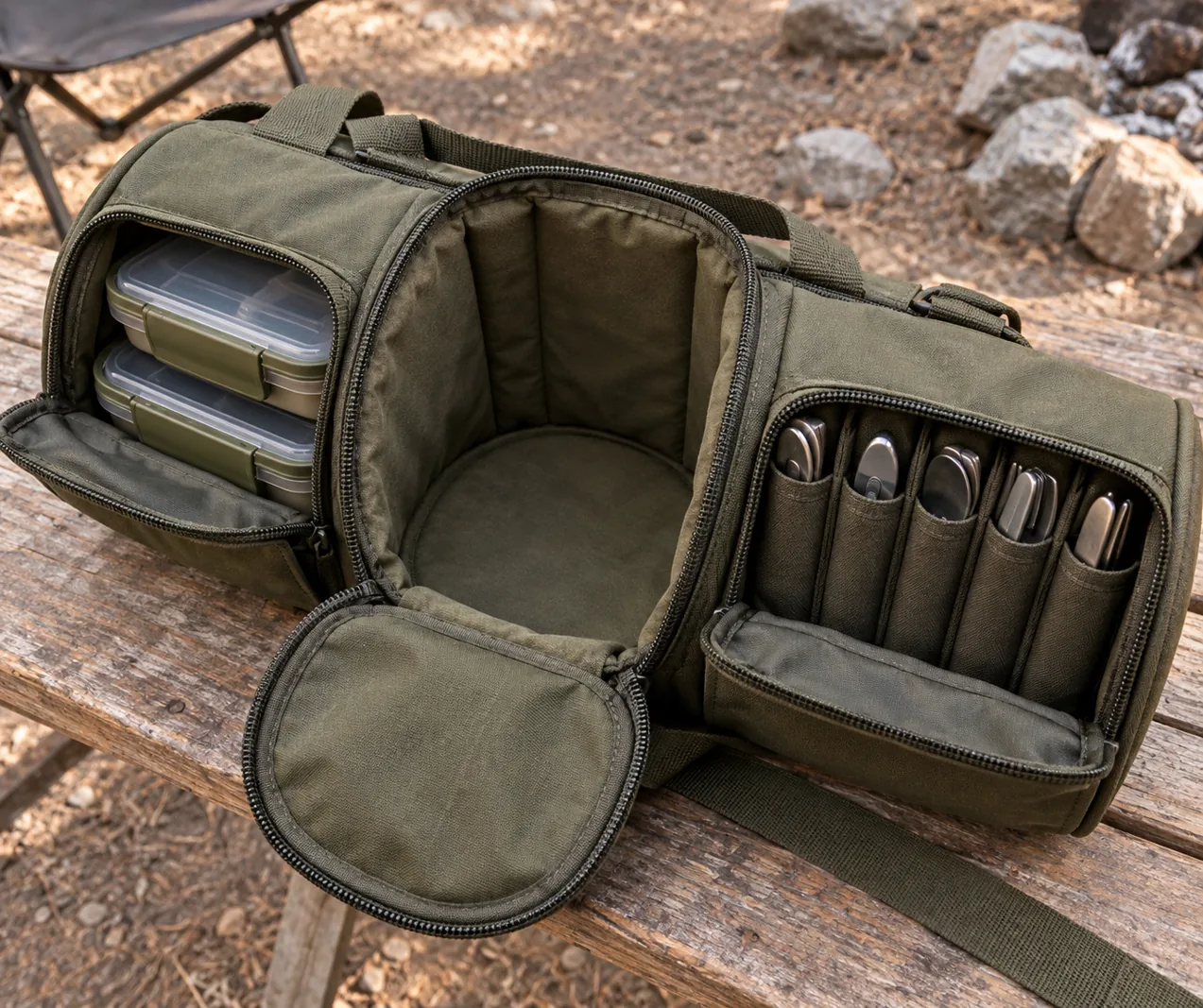 Saddle-Pocket Storage Architecture Detail Saddle-Pocket carry bag showing lunch box bay central nesting core and cutlery sleeves