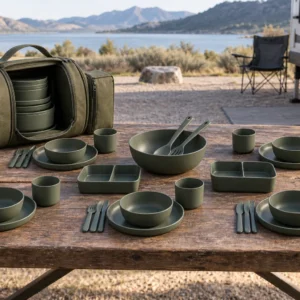 Complete Saddle-Pocket group camping dinnerware set at an RV campsite