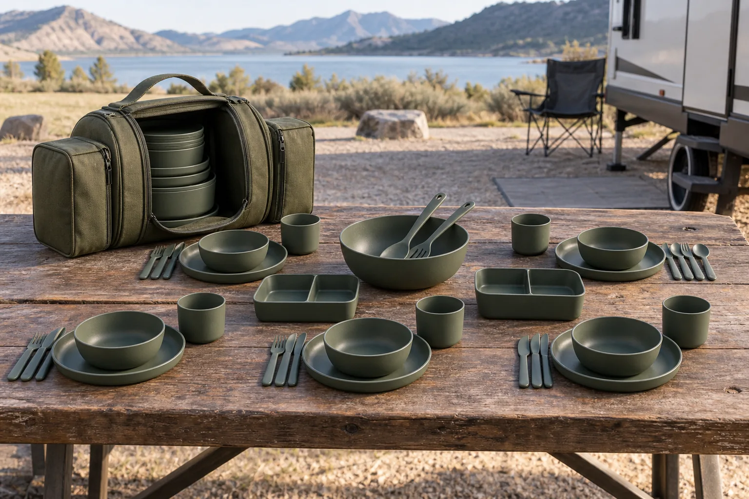 Complete Saddle-Pocket group camping dinnerware set at an RV campsite