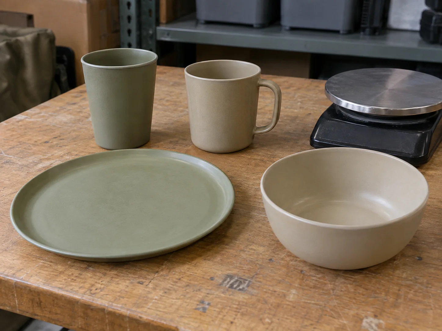 Plates bowl and two cup shapes on a sample review table beside a small scale