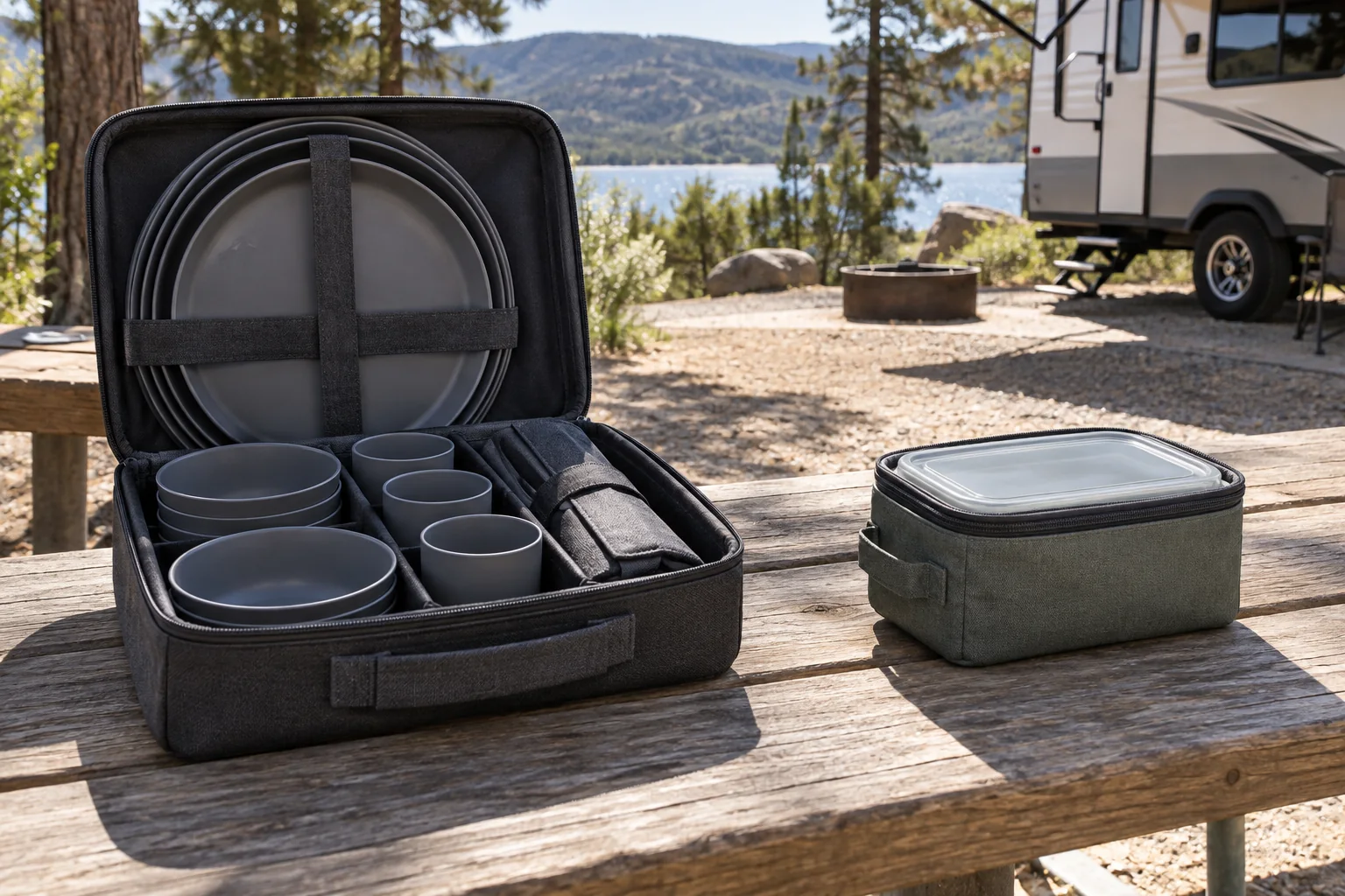 Separate food-container module at RV campsite Concept dinnerware carry case and independently sleeved lunch container on an RV campground bench as a separate-module option