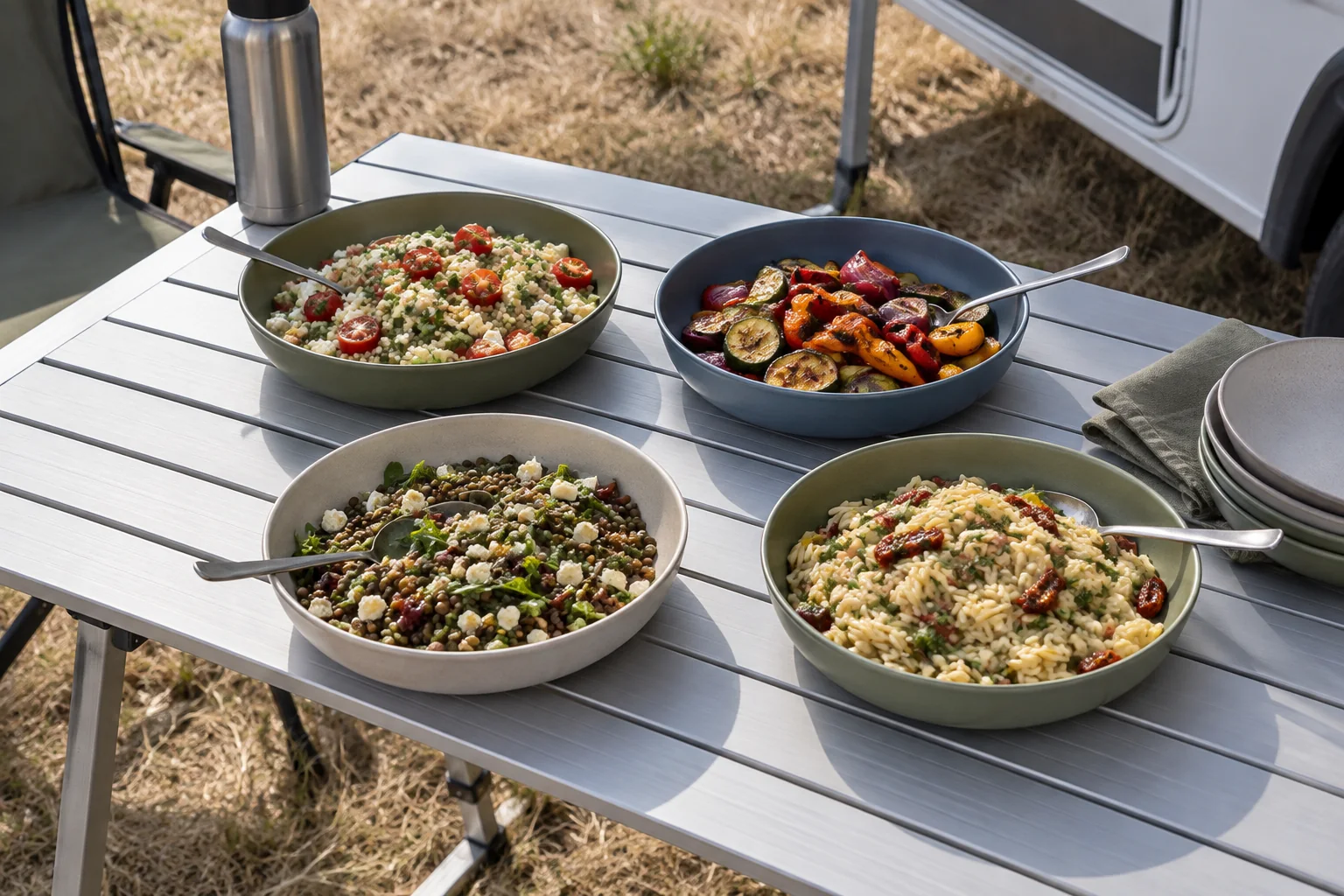 Shallow camping bowls serving grain salads at a caravan table
