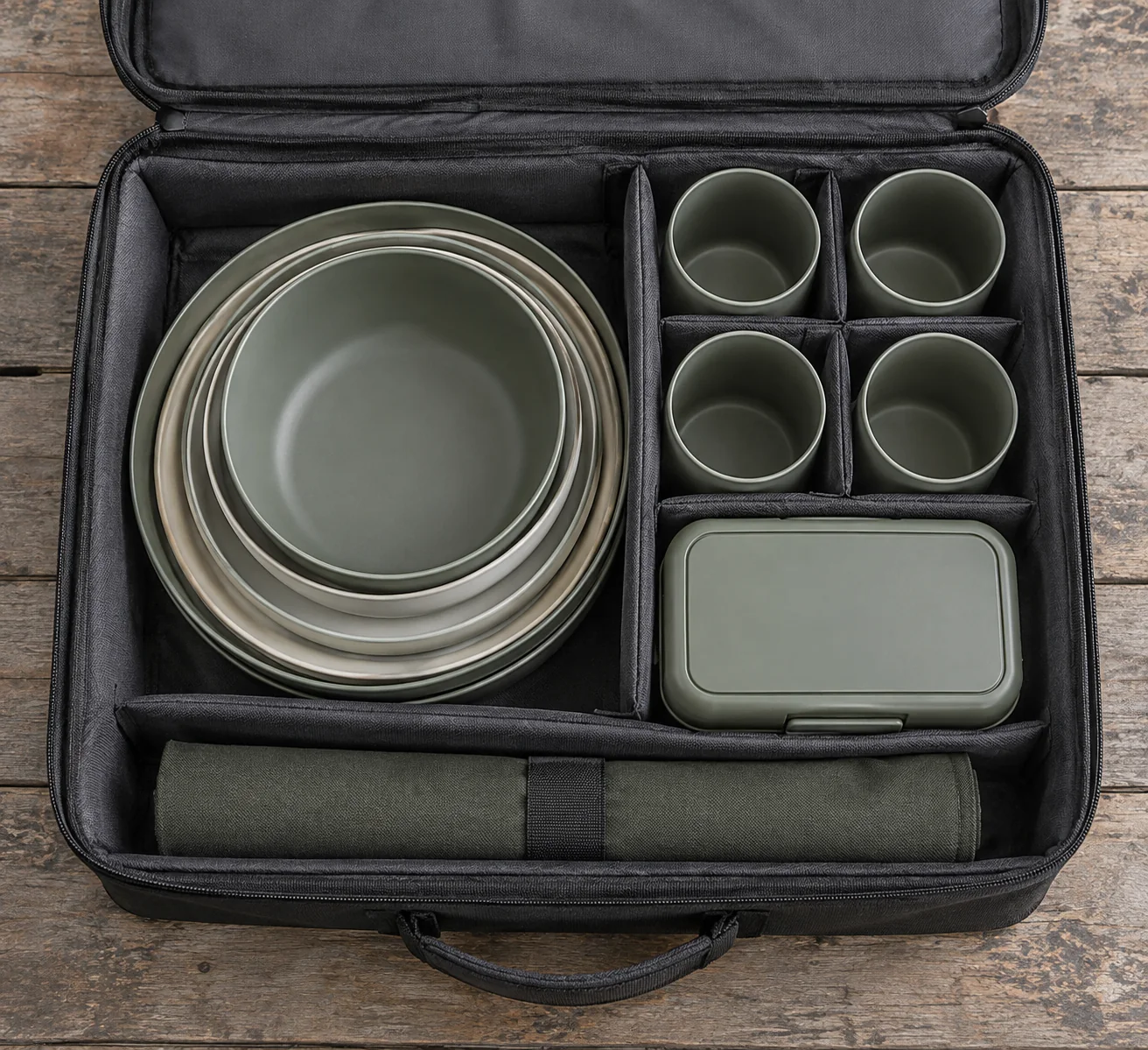 Proposed shared-case configuration for sample review Overhead concept of a lunch box camping dinnerware set sharing one compartmentalized case with nested plates bowls four cups and closed cutlery roll