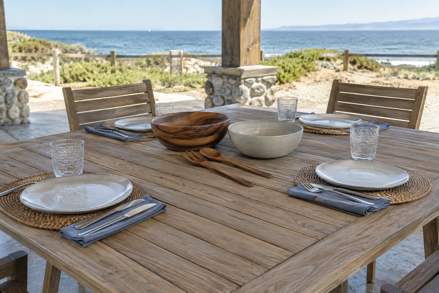 Shared Serving Zone Layout Separate shared serving zone and individual place settings at a coastal picnic table