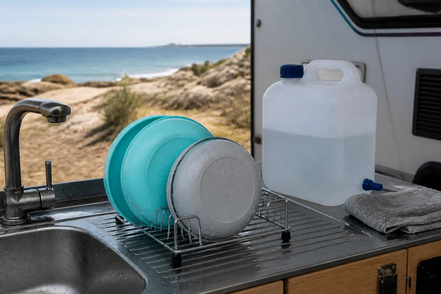 Silicone camping bowls being washed and dried at a coastal caravan site