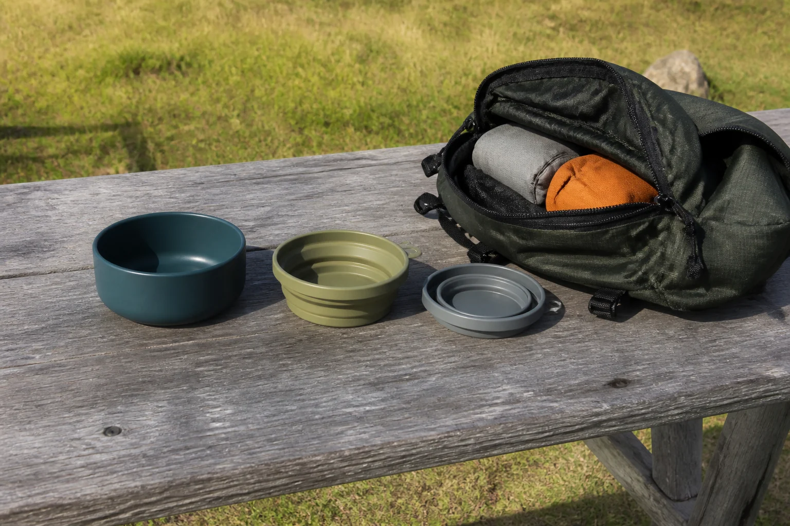 Collapsible silicone bowls reviewed for nesting and packability on open grassland