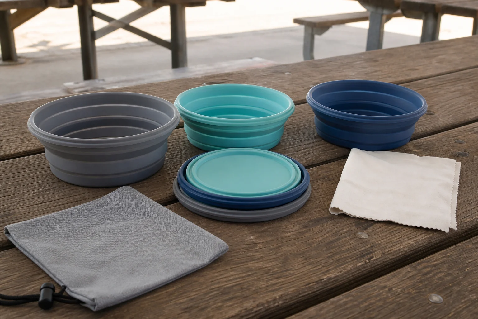 Buyer inspecting silicone camping bowl rims and fold lines at a picnic shelter