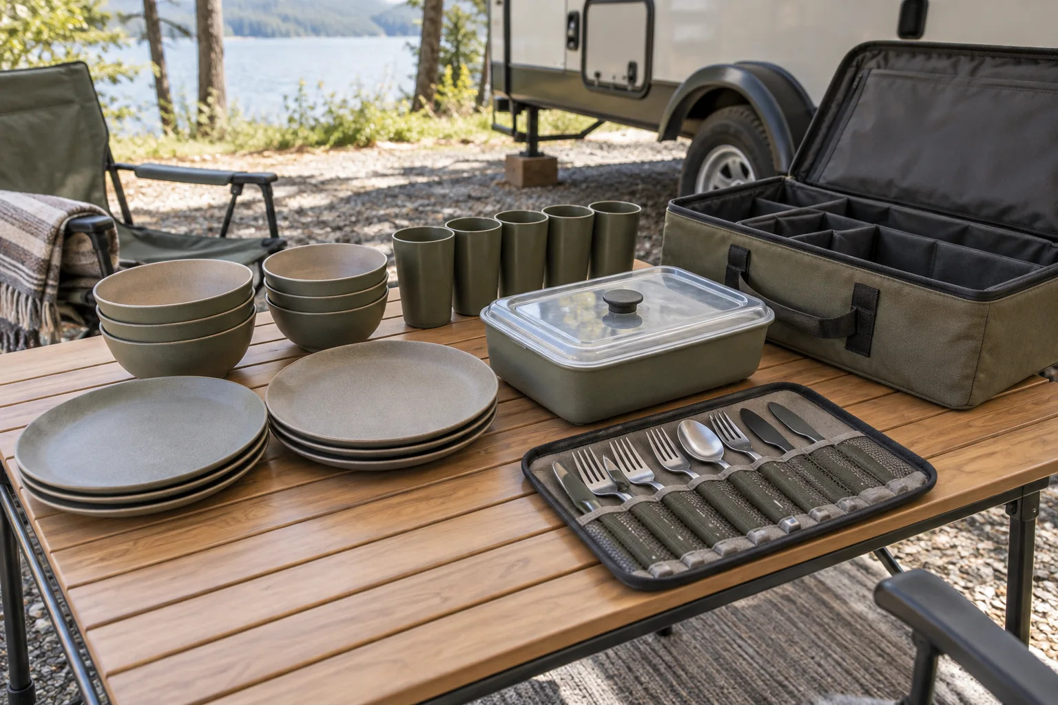 Group Camping Dinnerware Packout Nested plates bowls cups serving container and carry case arranged at an RV site