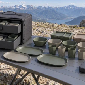 Slide-drawer camping dinnerware set with oval plates angular bowls faceted cups containers and charcoal case at a mountain overlook