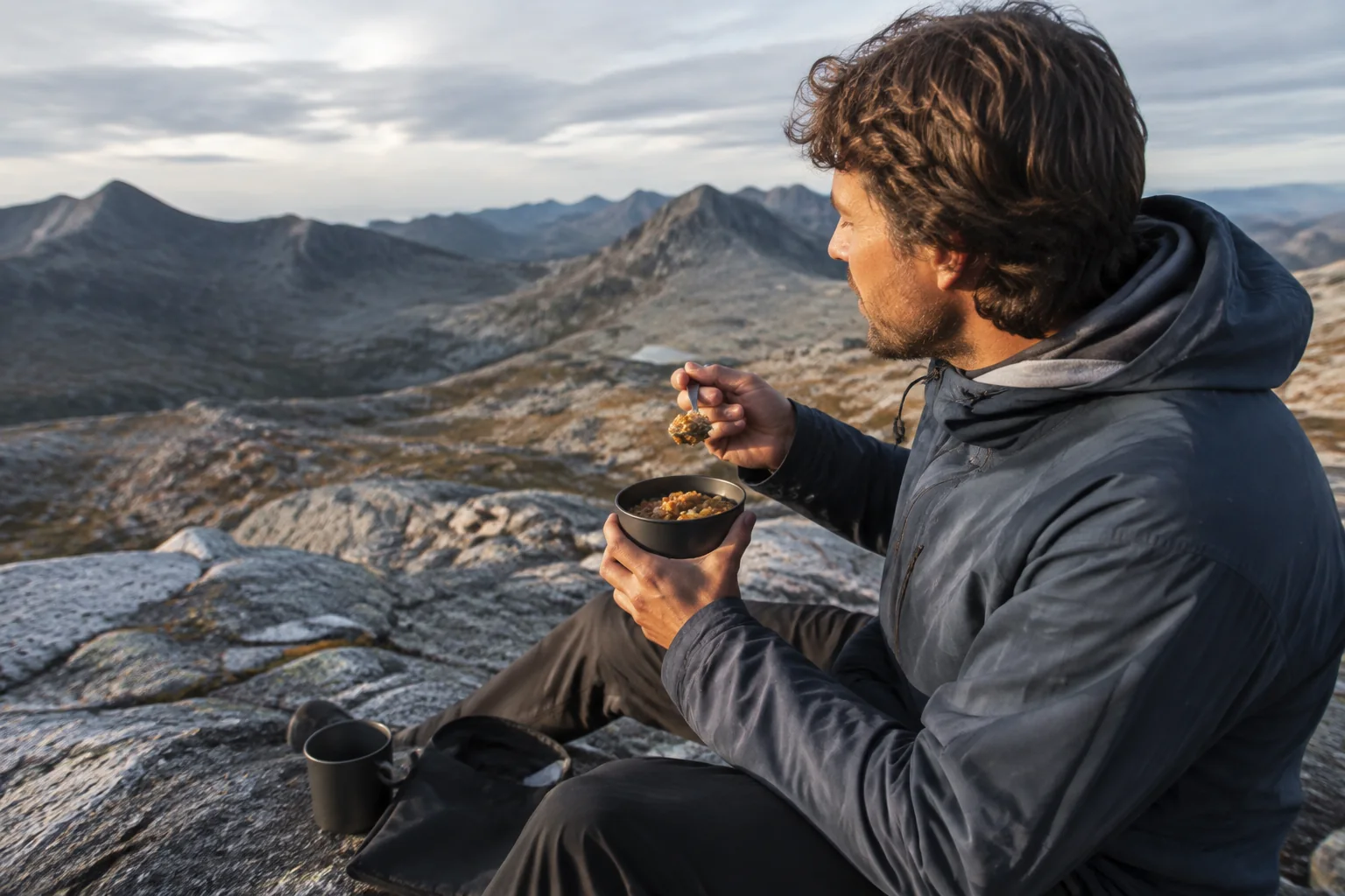 Solo hiker using a compact camping mess kit at a mountain overlook