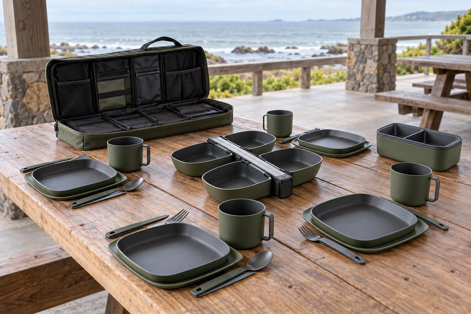 Spine-Rail coastal application concept Complete Spine-Rail four-person dinnerware set with rail pods plates bowls handled cups utensils lunch box and open case at a coastal picnic shelter