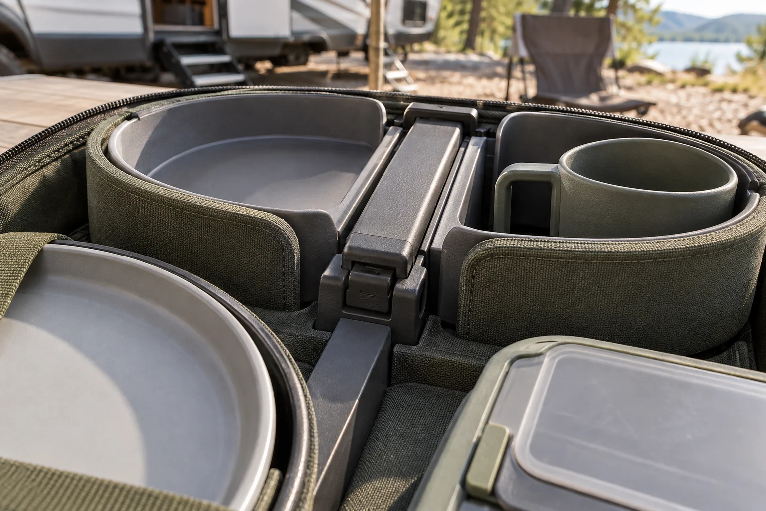 Spine-Rail storage architecture detail Close view of a removable central spine rail curved side pods handled cup plate rim and slide-lid lunch box inside a roll-open case