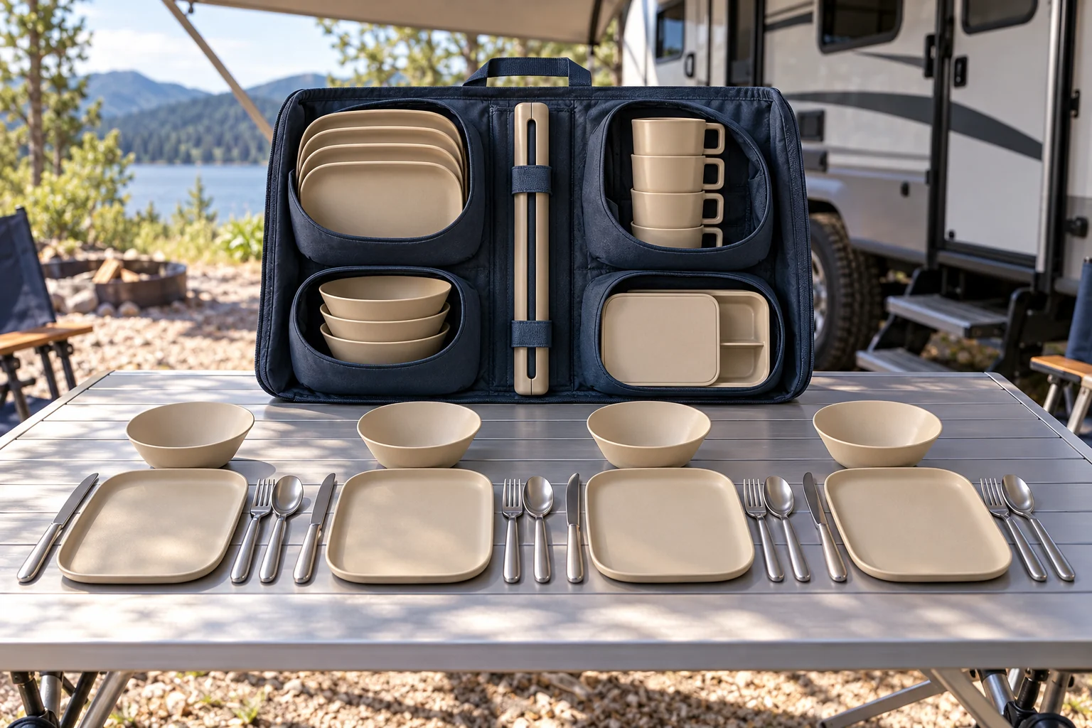 Spine-Rail four-person camping dinnerware set with open roll case rounded plates flared bowls handled cups lunch box and cutlery at an RV campsite