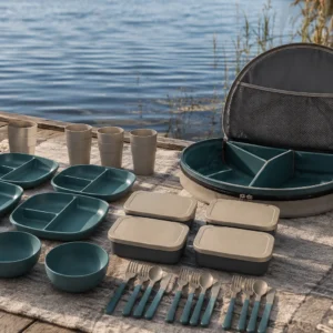 Family camping set with divided plates bowls cups lunch boxes cutlery and round split pouch by a lake