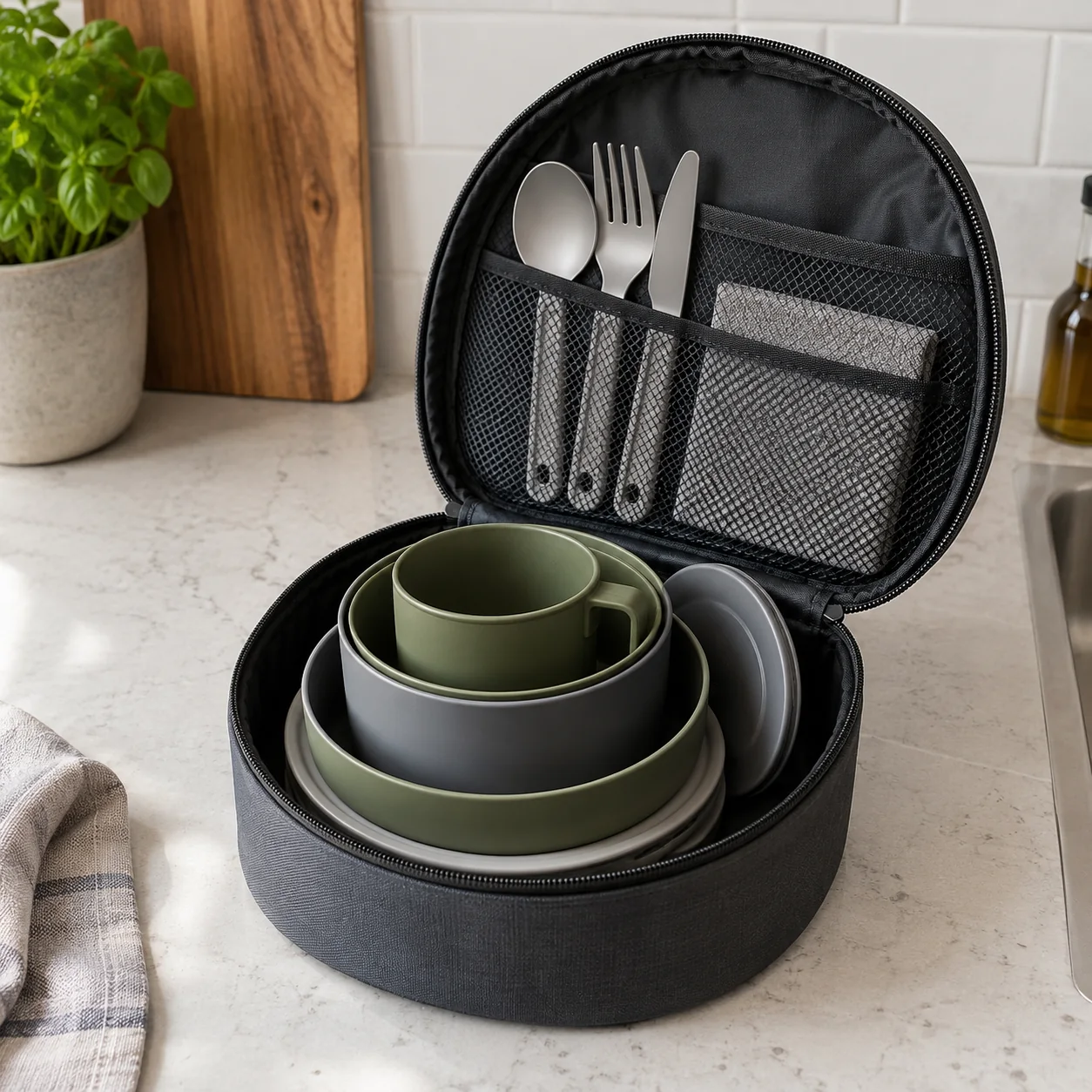 Conditioned nested camping dinnerware stack inside an open carry case with lid base side and utensil clearances