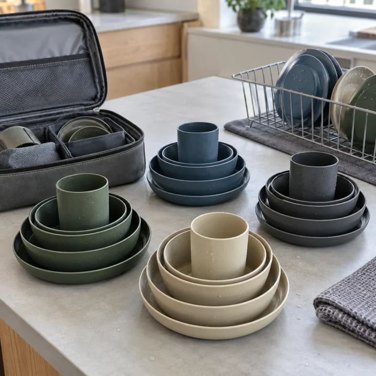 Camping dinnerware stack release test review with matched nested stacks drying rack and open carry case