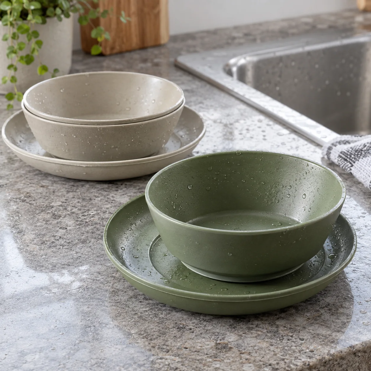 Close view of washed nested bowls and plates with moisture release interfaces and accessible grip edges
