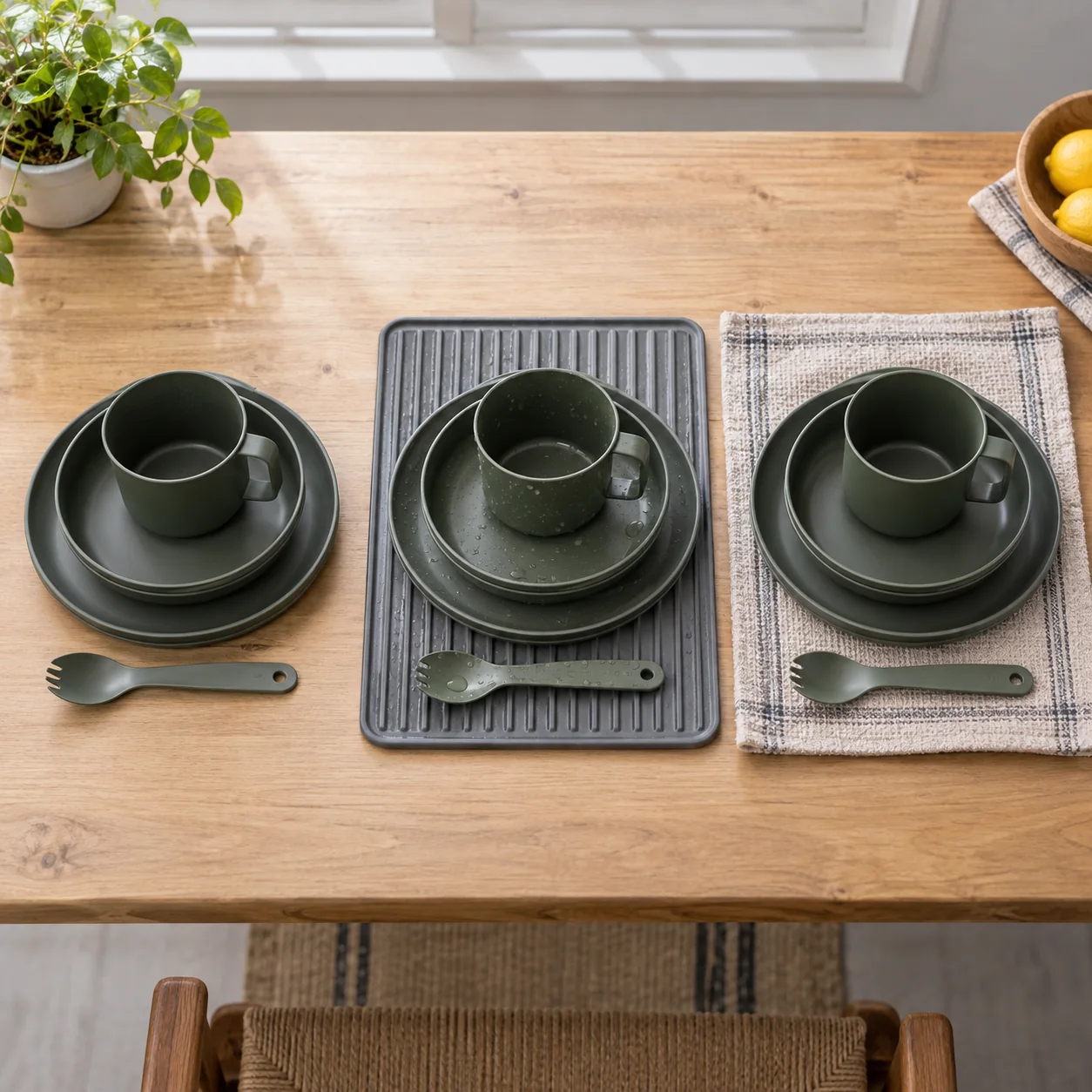 Top-down matched dinnerware stacks arranged as dry washed and conditioned review groups
