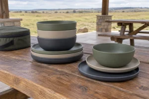 Stackable camping dinnerware design reviewed at an open picnic shelter