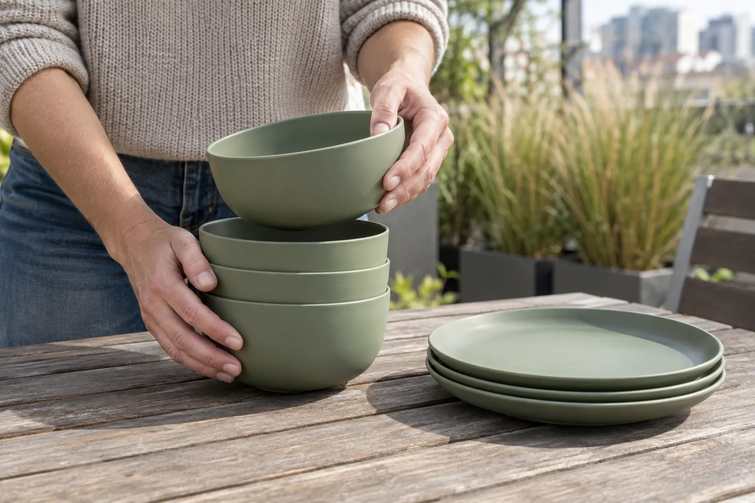 Stack Release Handling Check Buyer lifting one bowl from a stackable camping dinnerware design